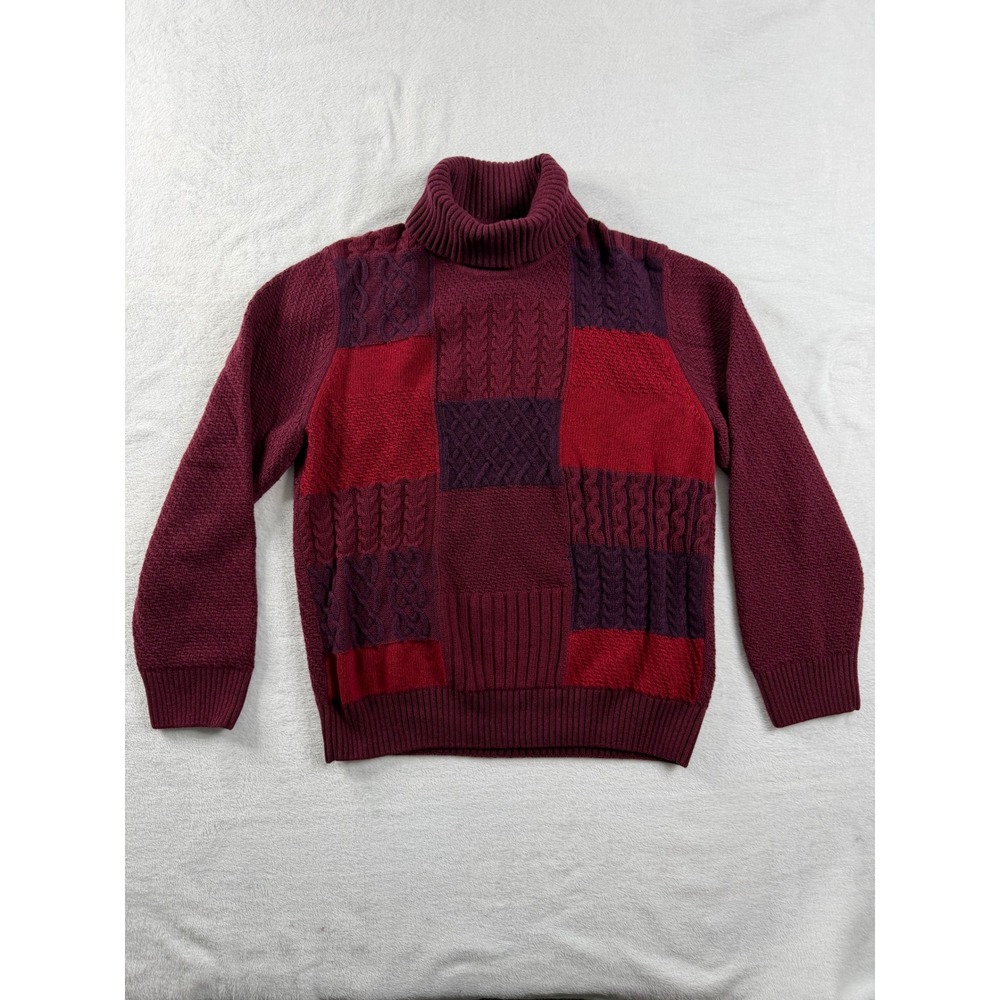 Bugatchi Uomo Mens Large Ruby Patchwork Cable Knit Wool Cotton Blend Turtleneck